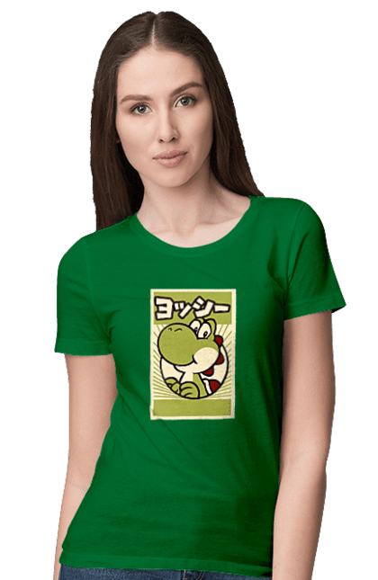 Women's t-shirt with prints Mario Yoshi. Character, dinosaur, games, mario, nintendo, super mario world, yoshi. 2070702