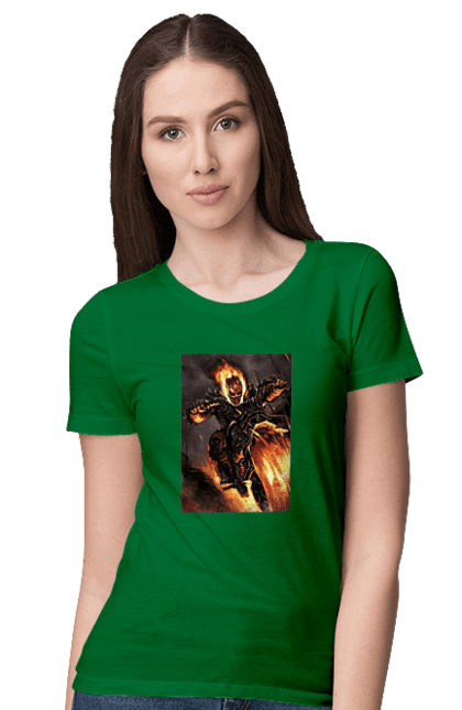 Футболка жіноча з принтом "Пекельний Гонщик". Вогонь, мотоцикл, пекельний гонщик, скелет, чоппер. 2070702