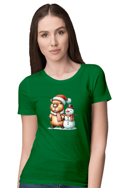 Women's t-shirt with prints Capybara and Snowman. Animal, capybara, christmas, christmas capybara, gift, holiday, new year, new year`s gift, santa, snowman. 2070702