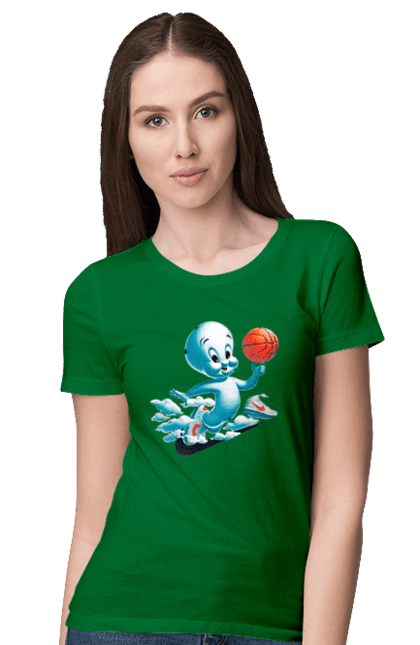 Women's t-shirt with prints Casper. Ball, basketball, casper, ghost, movie, sneakers, sport. 2070702