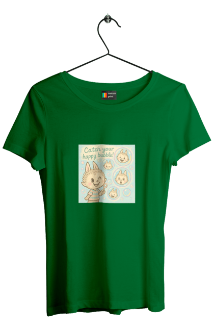 Футболка жіноча з принтом "Лабубу". Бульбашки, грайливо, каваї, казково, лабубу, милаілюстрація, ніжнікольори, пастельнамистецтво, щасливі бульбашки. 2070702