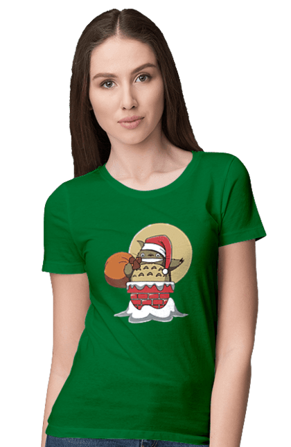 Women`s t-shirt with prints Totoro Santa Claus. Adventures, anime, comedy drama, fantasy, film, my neighbor totoro, santa claus, tv series. 2070702