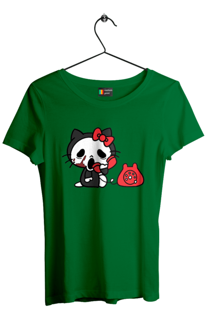 Футболка жіноча з принтом "Хелло Кітті Хелловін". Halloween, hello kitty, бренд, кіт, кошеня, персонаж, хелло кітті, хелловін. 2070702