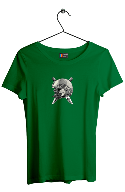 Футболка женская с принтом Череп пилота. Defender, helmet, military, pilot, skull, than. 2070702