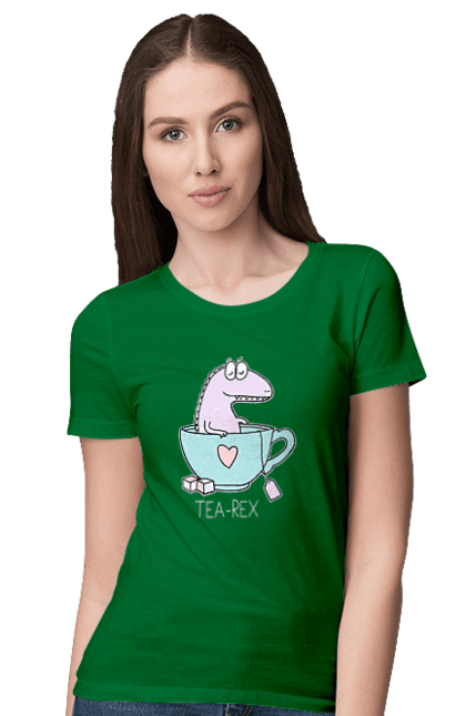Футболка жіноча з принтом "Динозавр прінмаем в чашці чай". Динозавр, релакс, чай, чашка. CustomPrint.market