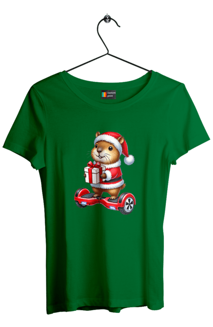 Women's t-shirt with prints Christmas Capybara with a Gift. Animal, capybara, christmas, christmas capybara, gift, holiday, new year, new year`s gift, santa. 2070702