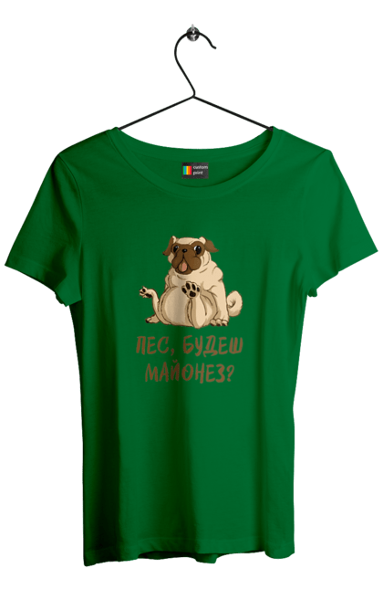 Футболка жіноча з принтом "Пес, будеш майонез". Лапа, майонез, мопс, пес, пес будеш майонез, собака. 2070702