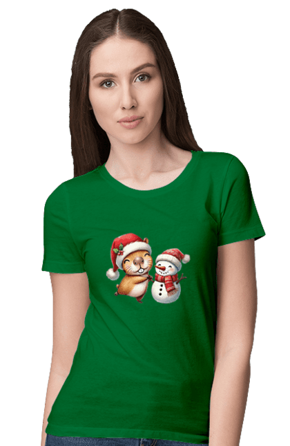 Women's t-shirt with prints Capybara and Snowman. Animal, capybara, christmas, christmas capybara, gift, holiday, new year, new year`s gift, santa, snowman. 2070702