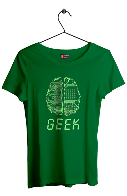 Футболка жіноча з принтом "Гик Мозок Неоновий". Айті, айтішник, гик, друкована плата, зелений, знання, інженер, кібер, кібернетика, кіборг, код, комп, комп’ютерник, кристал, мікросхема, мозок, неон, неоновий, програміст, професіонал, професія, розробник, розум, світиться, світло, чіп. 2070702