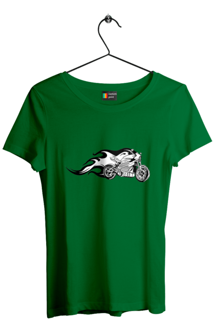 Футболка жіноча з принтом "Мотоцикл Вогонь". Мото, мотоцикл, огонь. 2070702