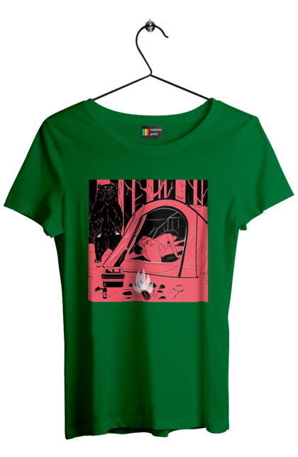 Футболка жіноча з принтом "69 В Палатці". 69, ведмідь, ліс, палатка, секс. 2070702