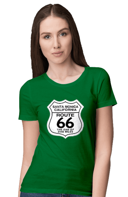 Women`s t-shirt with prints Route 66. Bike, biker, biker club, bikers club, brother, brutal, dude, hot asphalt, hot horse, hot rod, motorcycle, motorcyclist, real man, road 50, road 66, road 80, roads of america, roads of ukraine, roads we choose, speed, take, thirst for speed. 2070702