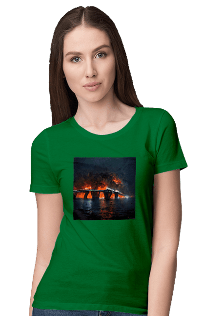 Футболка жіноча з принтом "Кримський мост горить". Армія росії, армія україни, годить, зсу, крим, мост, удар, удар зсу. 2070702
