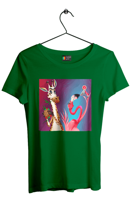 Футболка жіноча з принтом "Жираф І Фламінго На Вечірці". Жираф, їжа, коктейль, фламінго. 2070702