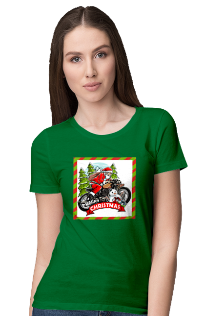 Women`s t-shirt with prints Santa on a motorcycle. Christmas, motorcycle, new year, presents, santa, snowman, tree. 2070702
