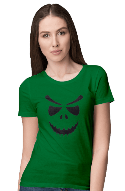 Women's t-shirt with prints Halloween pumpkin face. Costume, halloween, holiday, october, october 31, pumpkin, scary, sweets, trick or treat. 2070702