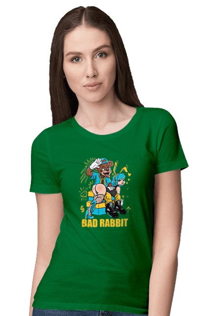 Women`s t-shirt with prints Bad rabbit. Bad bunny, bdsm, bear, cool, funny, rabbit, young woman. 2070702