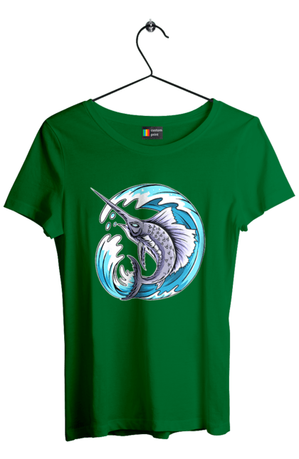 Футболка жіноча з принтом "Риба Меч І Хвиля". Риба меч, хвиля. 2070702