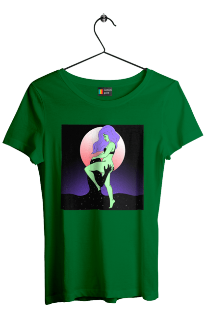 Футболка жіноча з принтом "Зелена Дівчина І Місяць". Інопланетянка, місяць. 2070702