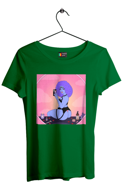 Футболка жіноча з принтом "Фіолетова Дівчина Фото У Дзеркалі". Білизна, дзеркало, фото. 2070702