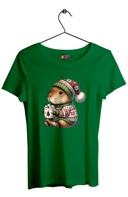 Women's t-shirt with prints Capybara with hot chocolate. Animal, capybara, christmas, christmas capybara, gift, holiday, hot chocolate, new year, santa. 2070702