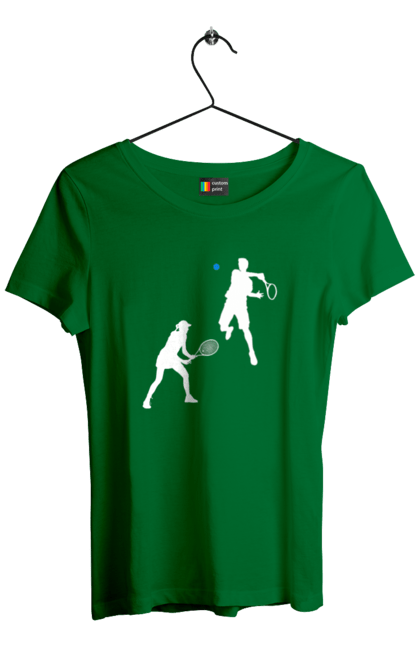 Women`s t-shirt with prints Tennis. Ball, ground tournament, hard, players, prize fund, racket, soil, sponsor, tennis, tournament grid. 2070702