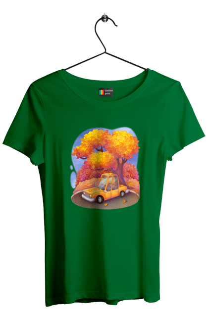 Футболка жіноча з принтом "Осiнь Авто Дерево". Дерево, жовтий мила ілюстрація, машина, осінь, помаранчевий. 2070702
