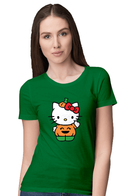 Футболка женская с принтом Хелло Китти Хэллоуин. Halloween, hello kitty, бренд, котенок, персонаж, тыква, хелло китти, хэллоуин. 2070702