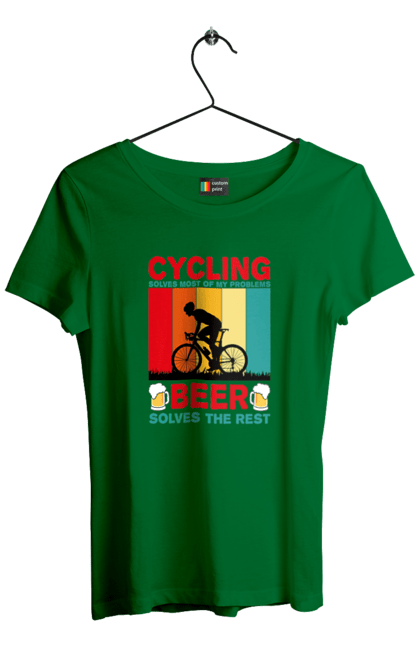 Футболка жіноча з принтом "Cycling Beer". Алкоголь, брутальні, велосипед, веселі, для спортсменів, літні, пиво, спорт, чоловічі. 2070702
