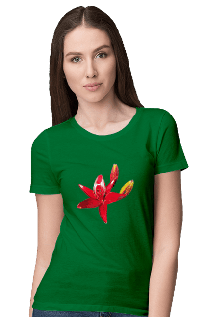 Women`s t-shirt with prints Red lily. Bright, bud, buds, color, flower, lily, nature, red, red flower, red lily, sunny. 2070702