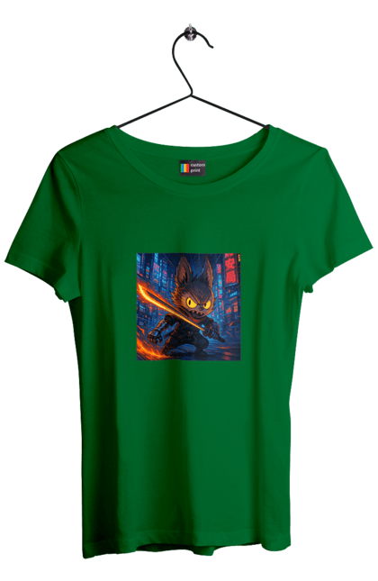 Футболка жіноча з принтом "Лабубу". Аніместиль, дія, катана, кіберніндзя, кіберпанк, лабубу, меч, неонове місто, очі` що світяться. 2070702