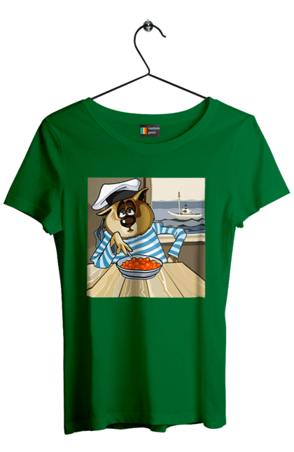 Футболка жіноча з принтом "Кот Моряк, На Кораблі Їсть Червону Ікру". Ікра, кіт, корабель, моряк. 2070702