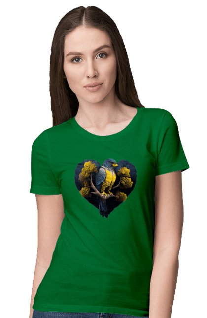 Women`s t-shirt with prints Blue and yellow falcon. Falcon, flag of ukraine, heart, symbol of ukraine, tree, ukraine. 2070702