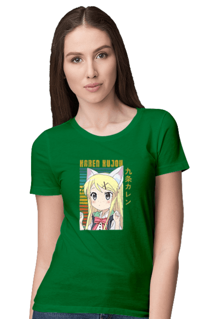 Футболка жіноча з принтом "Золота мозаїка Карен Куджо". Anime, karen kujo, kiniro mosaic, kinmoza, manga, аніме, золота мозаїка, карен, карен куджо, манга. 2070702