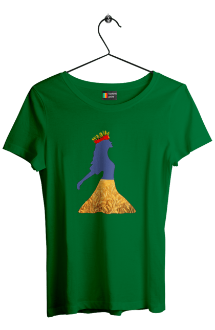 Women`s t-shirt with prints Ukraine. Girl, national colors, poppies, sky, wheat field, wreath, yellow blue. 2070702