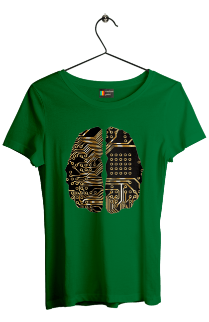 Футболка жіноча з принтом "Мозок Айті". Айті, айтішник, гик, знання, золотий, золото, інженер, кібер, кібернетика, кіборг, код, комп, кристал, мікросхема, мозок, програміст, професіонал, професія, розробник, розум, чіп. 2070702