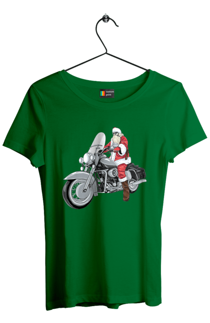 Футболка женская с принтом Санта На Мотоцикле. Мотоцикл, новый год, праздник, санта. 2070702