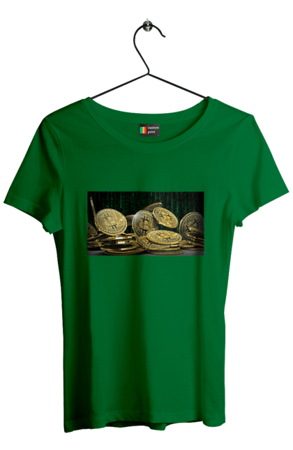 Футболка жіноча з принтом "Біткойн". Багатство, біткойн, валюта, гроші, криптовалюта, курс, майнінг, матриця, монета, розкіш, цифровий світ. ART принт на футболках