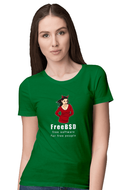 Футболка жіноча з принтом "Freebsd Для Вільних". Bsd, freebsd, unix, адміністратор, айті, айтішник, безкоштовна, безкоштовно, бестія, білий, вільна, демон, демонесса, доступність, незалежність, операційна система, ос, програміст, програмне забезпечення, свобода, сисадмін, система, системний адміністратор, софт, текст, червоний. 2070702