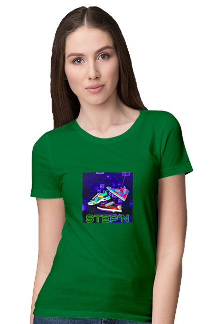 Футболка жіноча з принтом "Step`n". Віртуальні кросівки, крипта, криптовалюти, нфт, нфт кросівки, солана, степен. 2070702