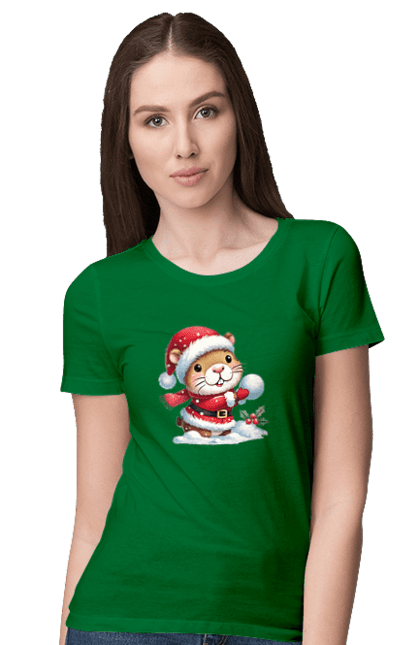 Women's t-shirt with prints Capybara playing snowballs. Animal, capybara, christmas, christmas capybara, game, gift, holiday, new year, santa, snowballs. 2070702