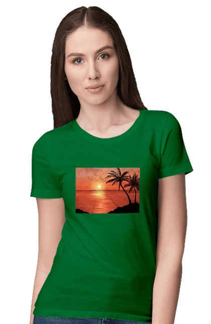 Women`s t-shirt with prints West Palm Sea. Palm trees, sea, shore. 2070702