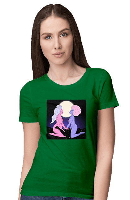 Футболка жіноча з принтом "Дві Інопланетянки І Місяць". Дівчата, зверху, інопланетянки. 2070702