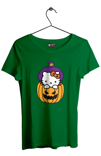 Футболка жіноча з принтом "Хелло Кітті Хелловін". Halloween, hello kitty, witch, бренд, відьма, кіт, кошеня, персонаж, хелло кітті, хелловін. 2070702