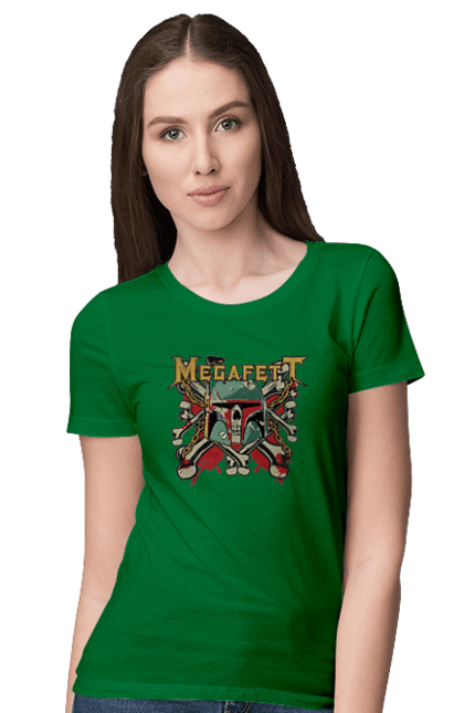 Футболка жіноча з принтом "Megafett". Boba fett, megadeth, megafett, боба фетт, зоряні війни, клон, мисливець за головами. 2070702