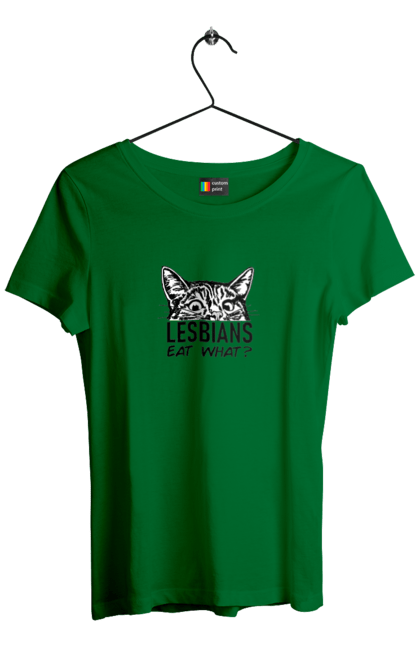 Футболка жіноча з принтом "Lesbians eat what?". Гумор, котики, лгбт, лесбіянки, приколи, смішні написи. 2070702