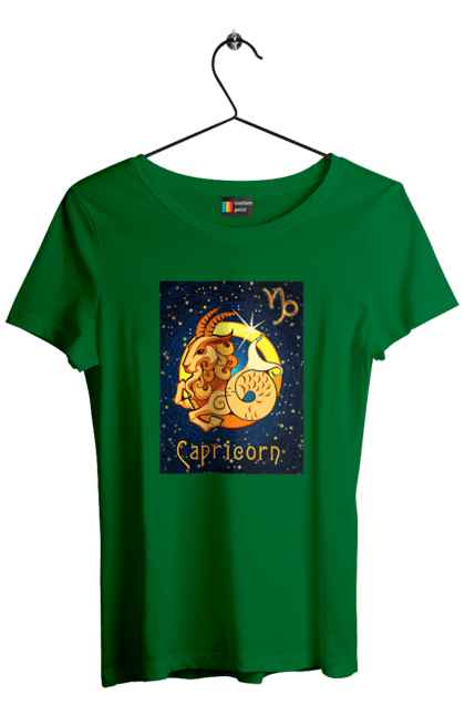 Футболка жіноча з принтом "Знак Зодіаку Козеріг". Астрологія, астрономія, доля, знак зодіаку, знаки зодіаку, зодіак, козерог, космос, передбачення, символ, цикл. ART принт на футболках