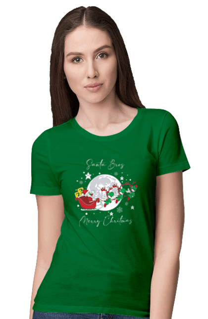 Women`s t-shirt with prints Super Mario Bros: Merry Christmas. Character, christmas, game, mario, mario bros, merry christmas, nintendo, santa claus, super mario bros. 2070702