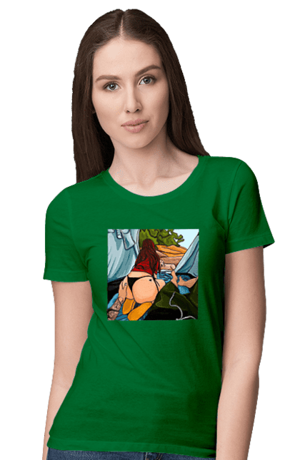 Футболка женская с принтом Отдых С Любимой В Палатке. Жопа, отдых, палатка, собака. 2070702