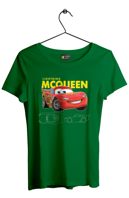 Women's t-shirt with prints Lightning McQueen. Cartoon, cartoon, lightning mcqueen, race, sport, wheelbarrows. 2070702